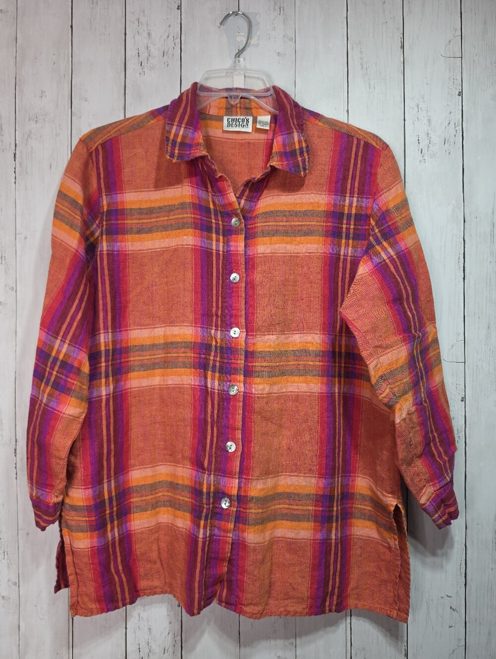 Vintage Chico's 100% linen Vibrant Multicolor Plaid button down Shirt Size 3 XL.